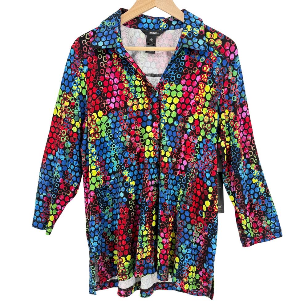 Ali Miles Colorful Honeycomb Print Button Front Collar Shirt Womens Sz Large